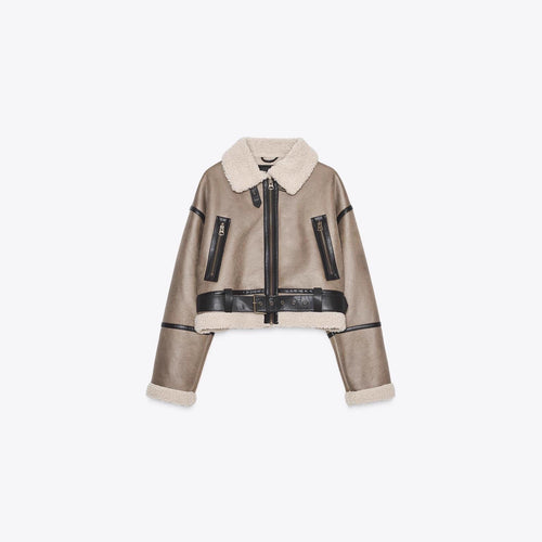 Damen Cropped Lammfelloptik‑Blouson mit Teddykragen und Taillengürtel Echo Archiv