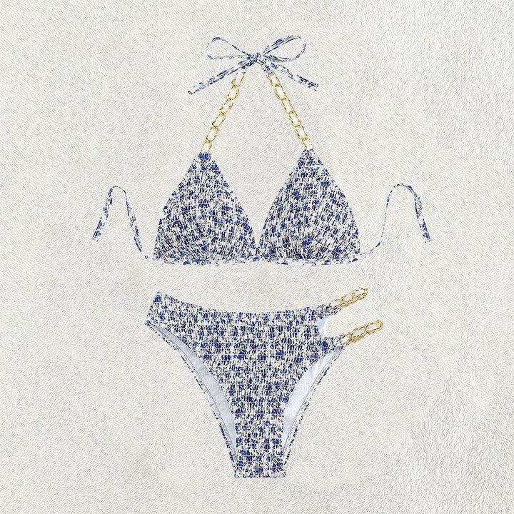 Damen Triangel-Bikini mit goldenen Ketten-Details und verspieltem Blumenmuster Echo Archiv