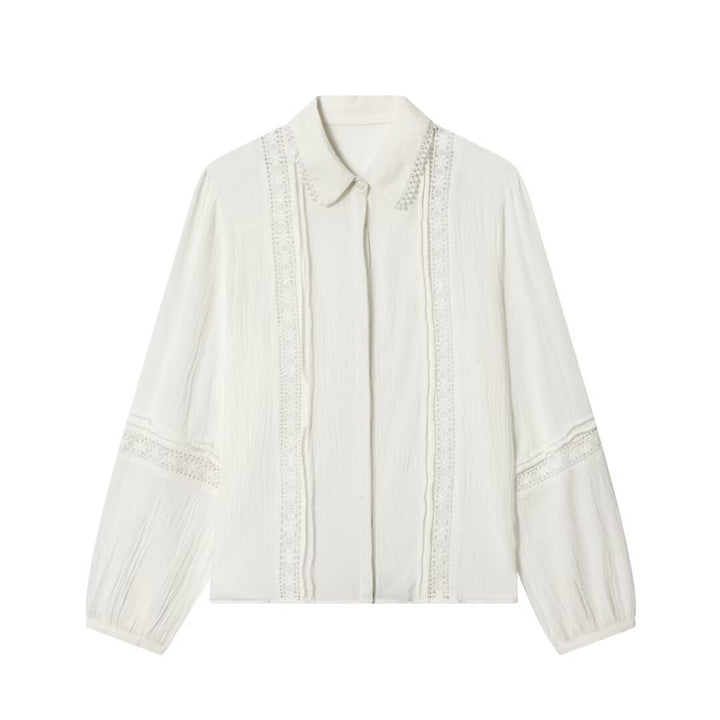Damen Bluse mit zarter Spitzenapplikation, verdeckter Knopfleiste und Ballonärmeln Echo Archiv