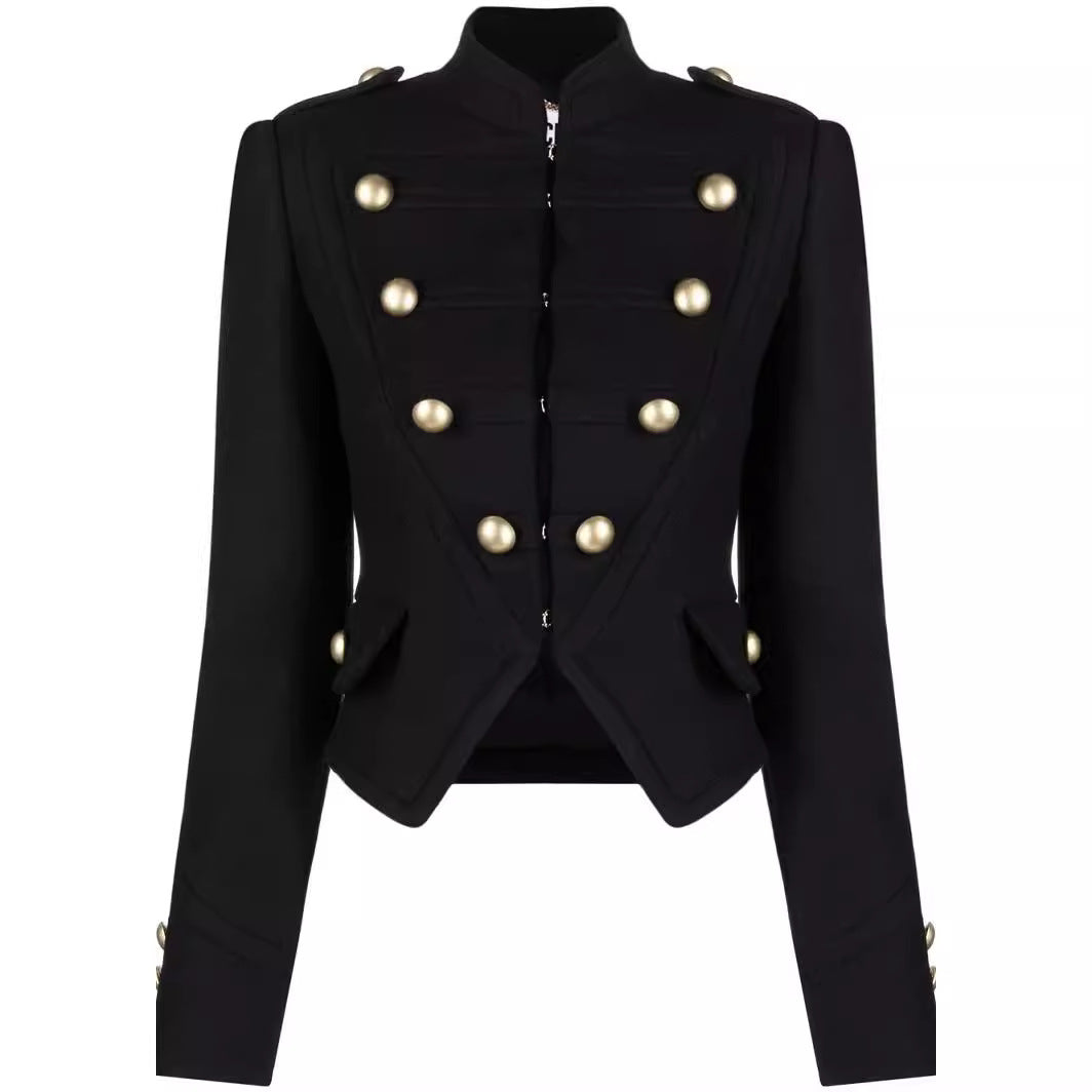 Damen Taillierter Kurzer Military‑Blazer mit Zierknöpfen und Stehkragen Echoarchiv