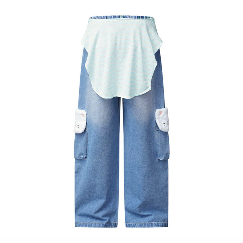 Damen Weiter Cargo-Jeans mit Plüschtaschen, Stickereien und elastischem Bund Echoarchiv