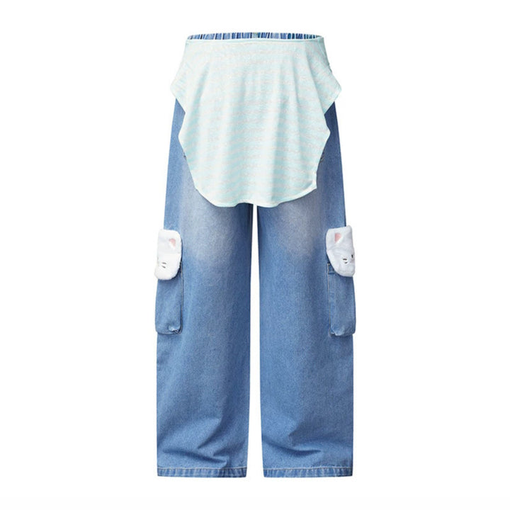 Damen Weiter Cargo-Jeans mit Plüschtaschen, Stickereien und elastischem Bund Echoarchiv