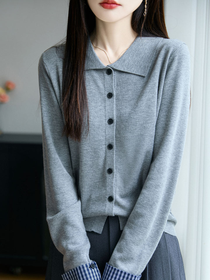 Damen Leichter Feinstrick-Cardigan mit breitem Hemdkragen und Frontknopfleiste Echoarchiv