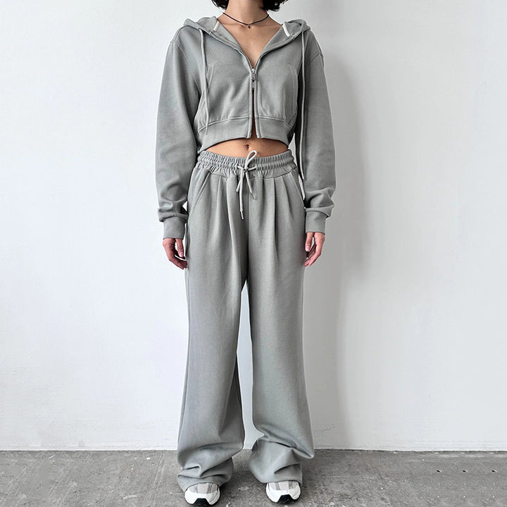 Damen Kurzes Zip-Kapuzen-Set mit taillenhoher weiter Loungehose – Auréline