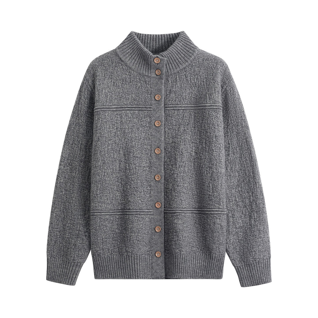 Damen Langer Oversize-Wollmix-Cardigan mit hohem Rippenkragen und Vintage-Knöpfen Echoarchiv