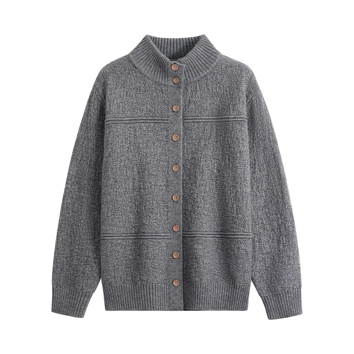 Damen Langer Oversize-Wollmix-Cardigan mit hohem Rippenkragen und Vintage-Knöpfen Echoarchiv