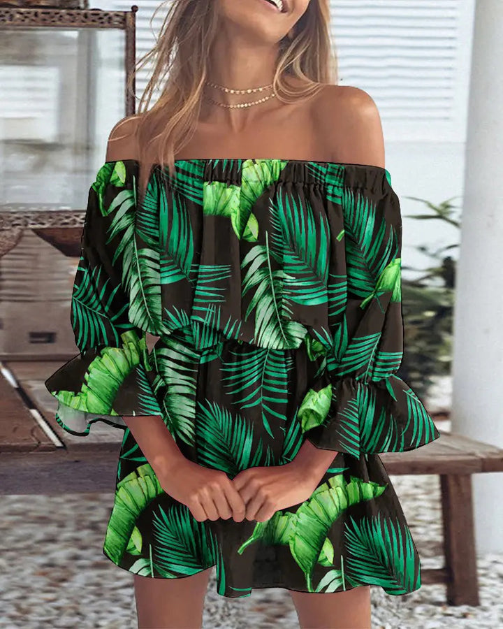 Damen Schulterfreies Minikleid mit elastischer Taillenpassform und Volantärmeln Echoarchiv