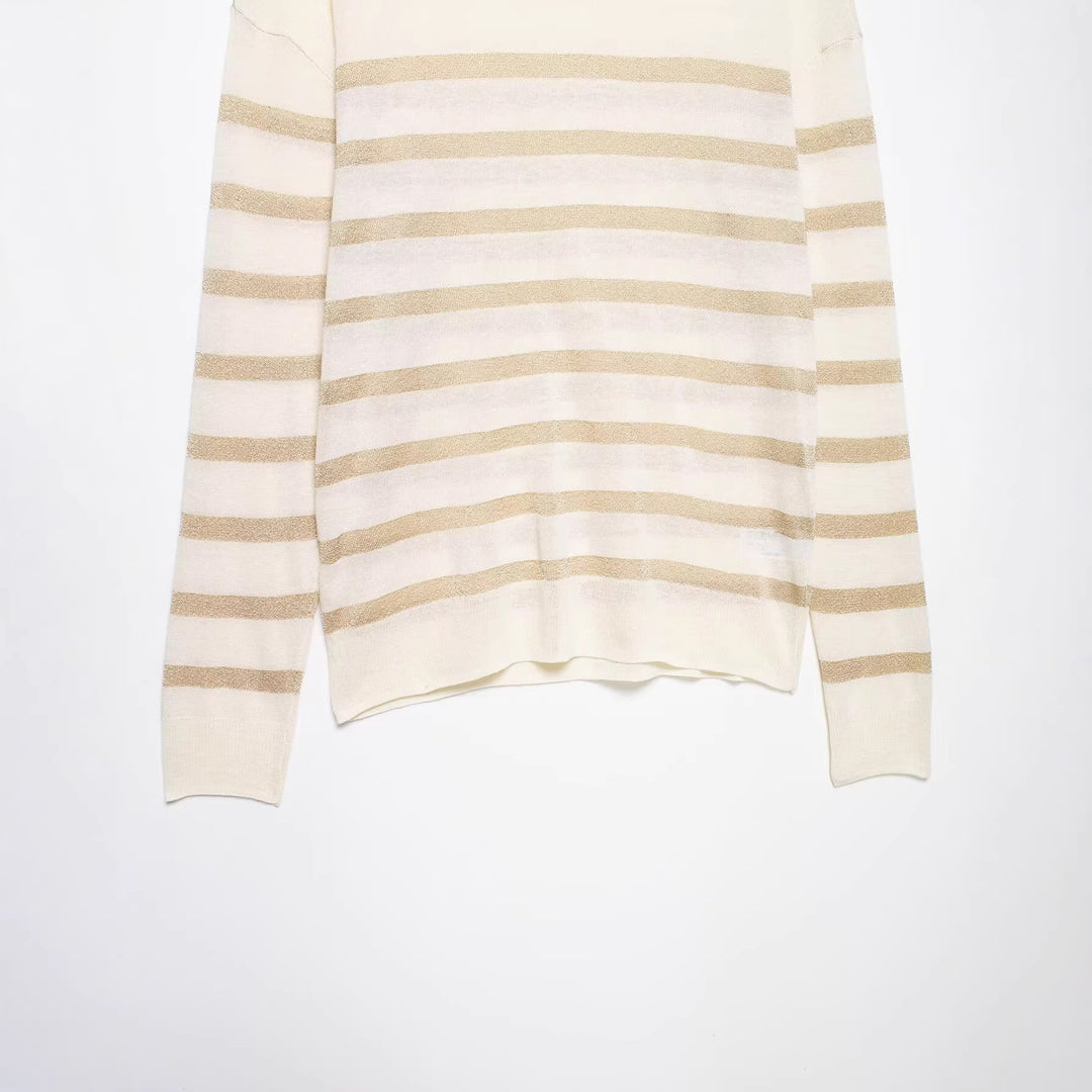 Damen Leichter gestreifter Feinstrickpullover mit Metallic‑Streifen und Rundhalsausschnitt Echo Archiv