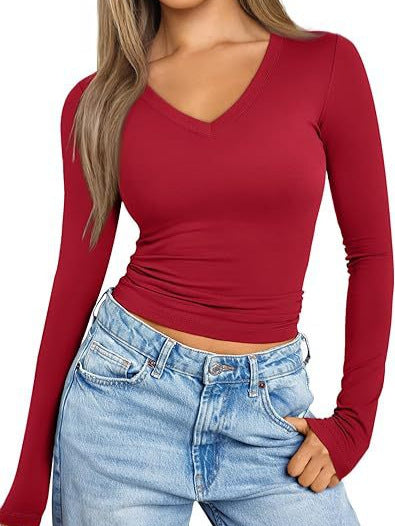 Damen Figurnahes Langarm-Cropped-Shirt mit V-Ausschnitt und elastischem Taillenbund Echo Archiv