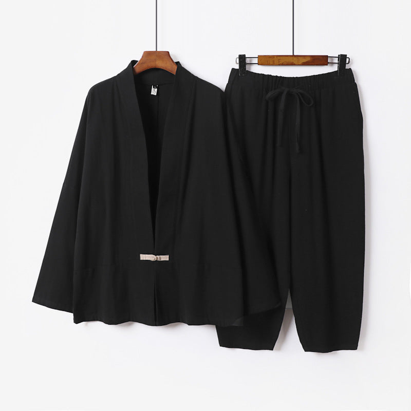 Unisex Lässiges Kimono-Loungewear-Set aus leichtem Leinenmix mit Kordelbundhose Echoarchiv