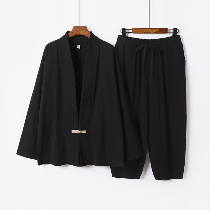 Unisex Lässiges Kimono-Loungewear-Set aus leichtem Leinenmix mit Kordelbundhose Echoarchiv
