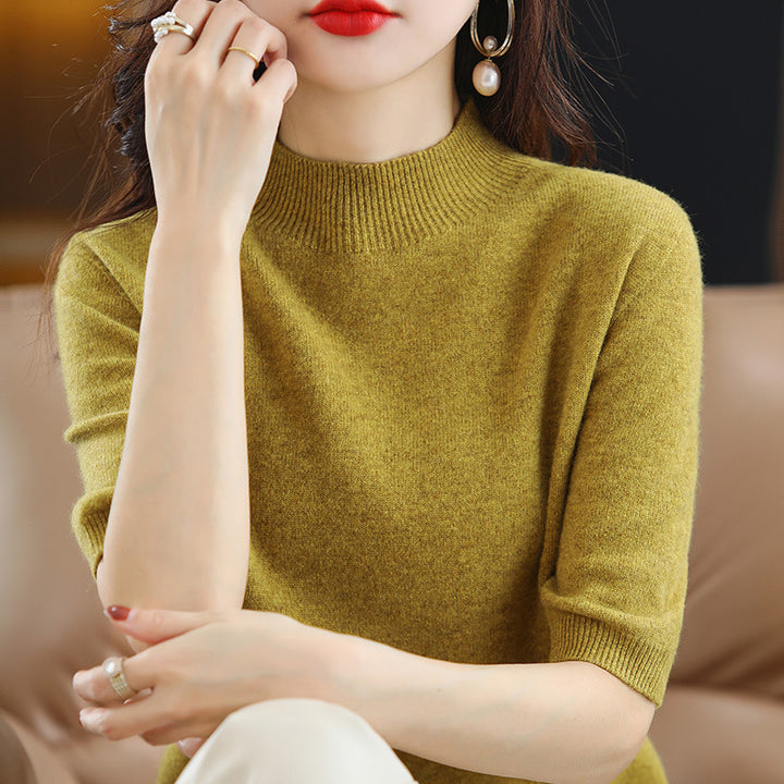 Damen Kurzärmeliger Feinstrick-Pullover mit halbem Rollkragen Echoarchiv