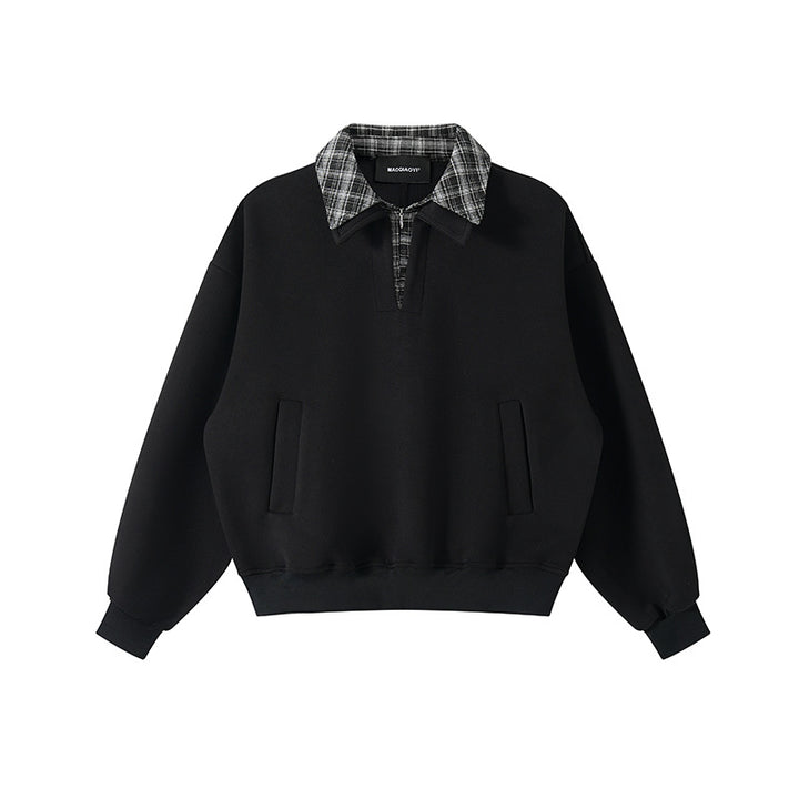 Unisex Lagenlook-Sweatshirt mit eingenähtem Karokragen und seitlichen Einschubtaschen Echoarchiv