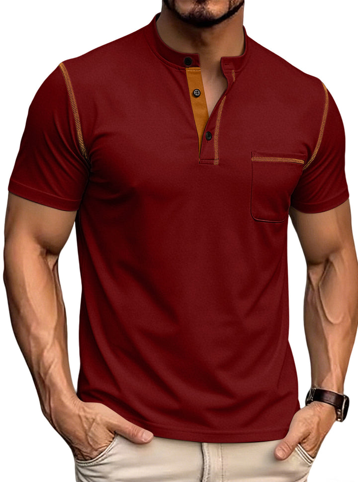 Herren nan kurzärmeliges Henley-Shirt mit Stehkragen, Brusttasche und kontrastierenden Ziernähten Echo Archiv