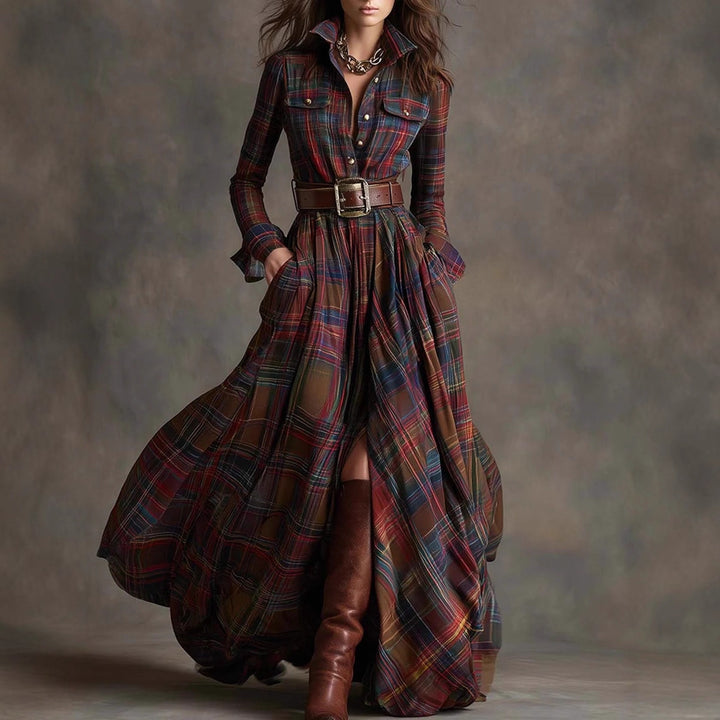 Damen nan karierte Maxikleid Hemdblusenkleid mit ausgestelltem Rock und breitem Taillengürtel Echo Archiv