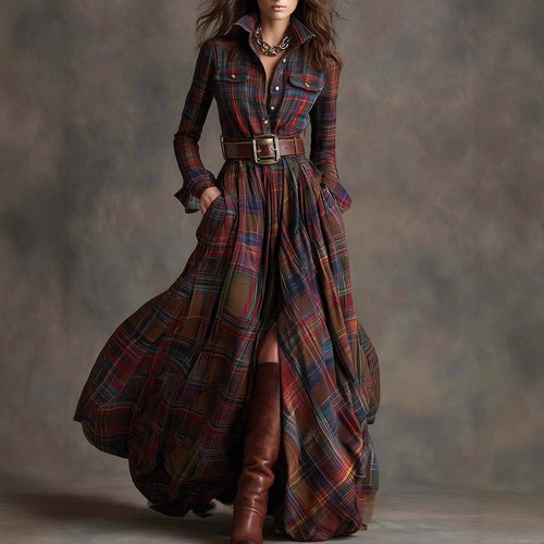 Damen nan karierte Maxikleid Hemdblusenkleid mit ausgestelltem Rock und breitem Taillengürtel Echo Archiv