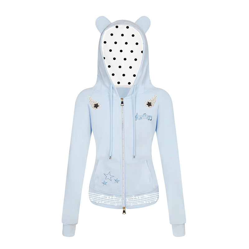 Damen Kapuzen-Sweatjacke mit Bärenohren, Reißverschluss, musikalischem Print und Polka-Lining Echoarchiv
