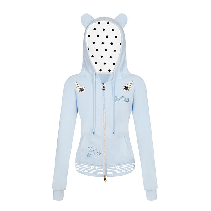 Damen Kapuzen-Sweatjacke mit Bärenohren, Reißverschluss, musikalischem Print und Polka-Lining Echoarchiv