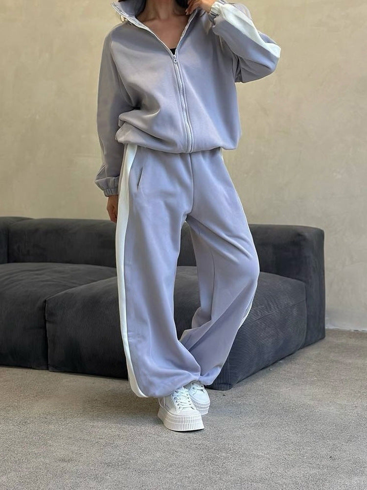 Damen Relaxed-Loungewear-Set mit kurzem Zip-Hoodie und weiter Palazzo-Jogginghose mit Seitenpaspel – Avérine