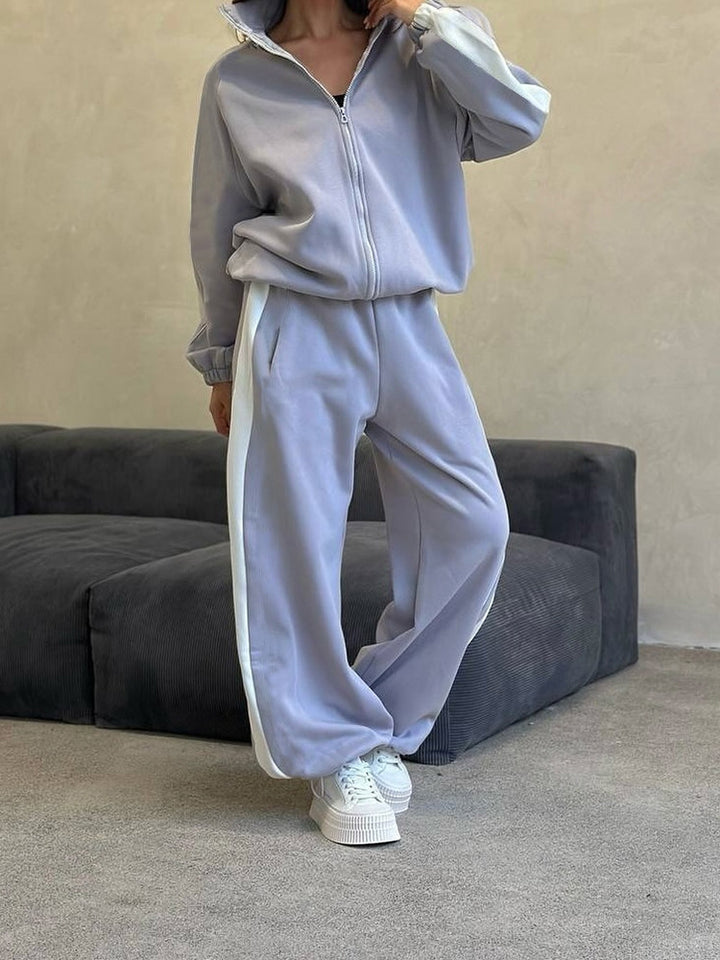 Damen Relaxed-Loungewear-Set mit kurzem Zip-Hoodie und weiter Palazzo-Jogginghose mit Seitenpaspel – Avérine