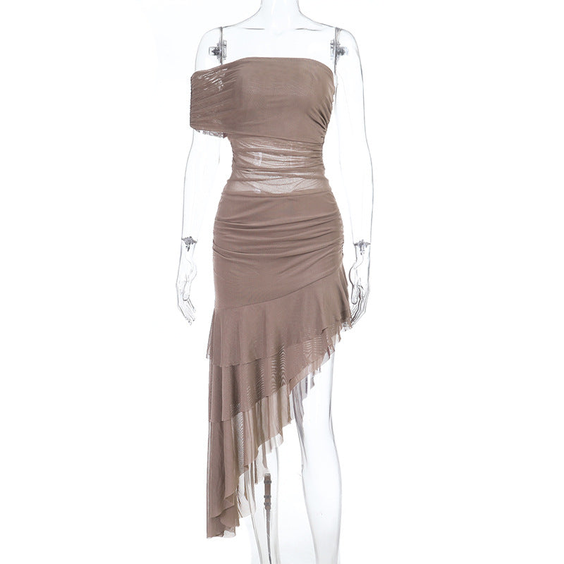 Damen schulterfreies Wickelkleid mit asymmetrischem Saum und Rüschendetails Echo Archiv