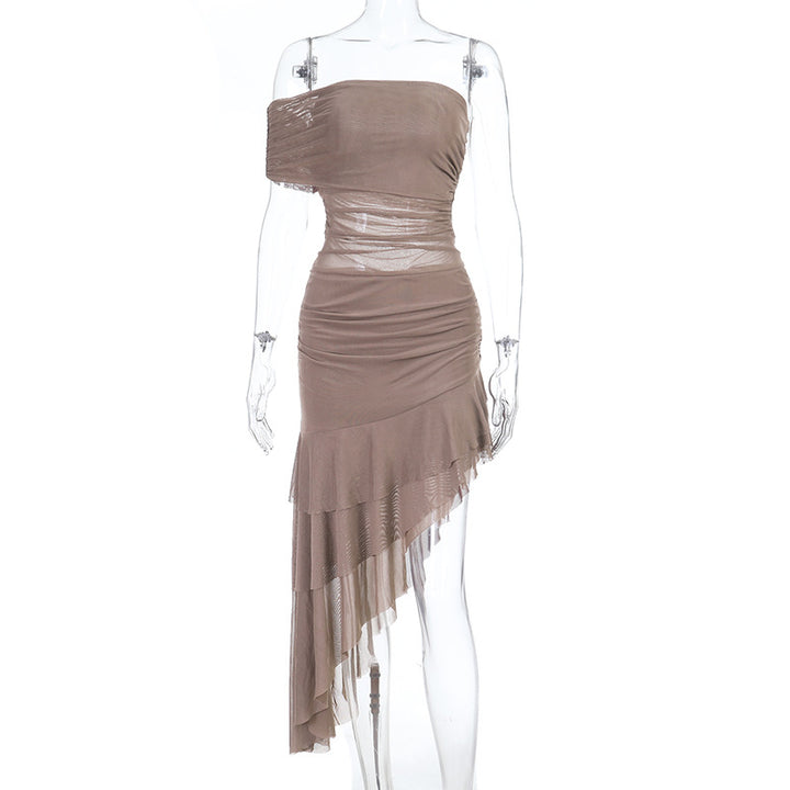 Damen schulterfreies Wickelkleid mit asymmetrischem Saum und Rüschendetails Echo Archiv