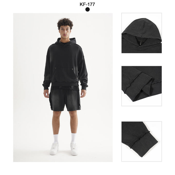 Unisex Oversized Kapuzenpullover mit ausgefranstem Saum, Kängurutasche und verwaschenem Bleicheffekt Echo Archiv