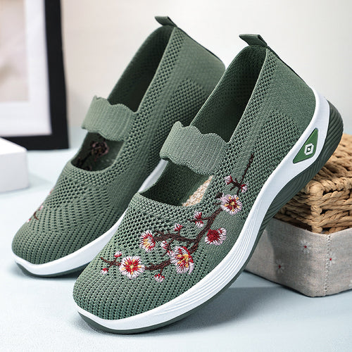 Damen nan bestickter Komfort-Ballerina mit elastischem Mary-Jane-Riemen, atmungsaktivem Strickoberteil und stoßdämpfender EVA-Keilsohle Echo Archiv