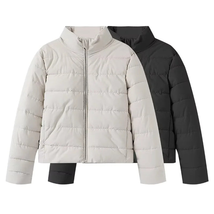 Damen leichte wattierte Kurzsteppjacke mit hohem Stehkragen und Zwei-Wege-Reißverschluss – Célinea