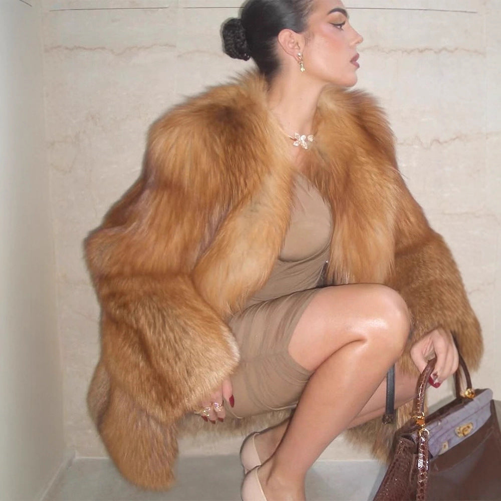 Damen Kurzer Plüsch-Fauxfur-Mantel mit kastiger Silhouette und voluminösem Schalkragen Echoarchiv