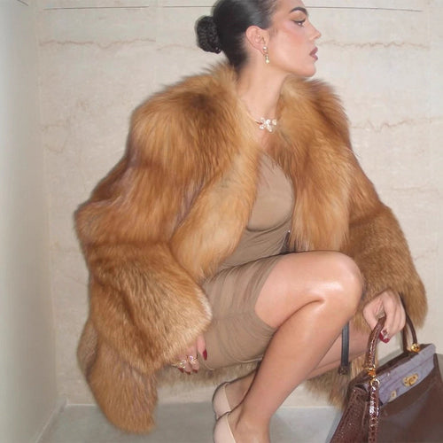 Damen Kurzer Plüsch-Fauxfur-Mantel mit kastiger Silhouette und voluminösem Schalkragen Echoarchiv