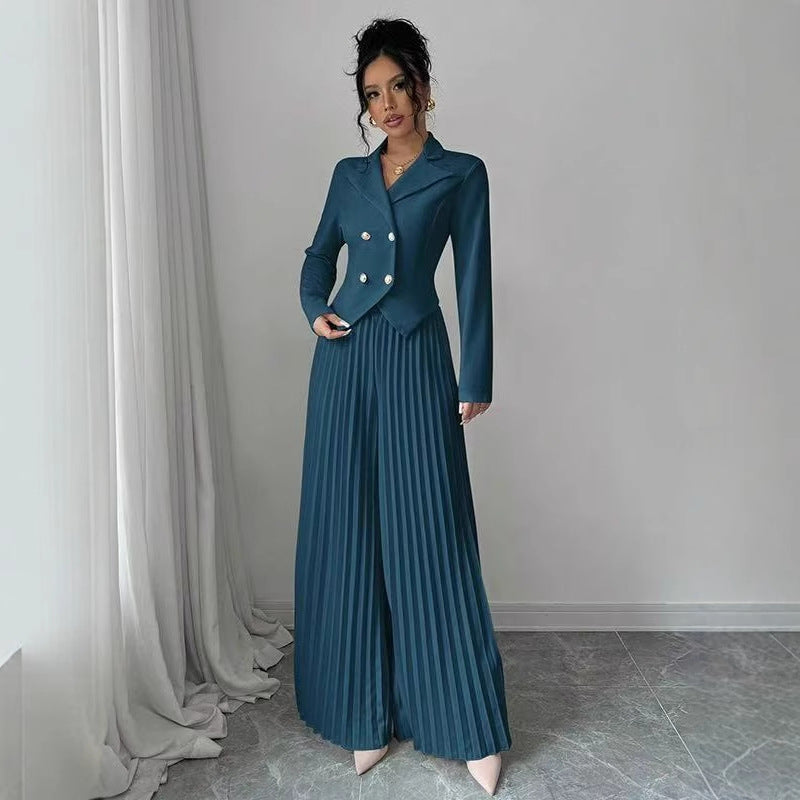 Damen Taillierter Doppelreihiger Blazer und plissierte Palazzo-Hose – Valéne