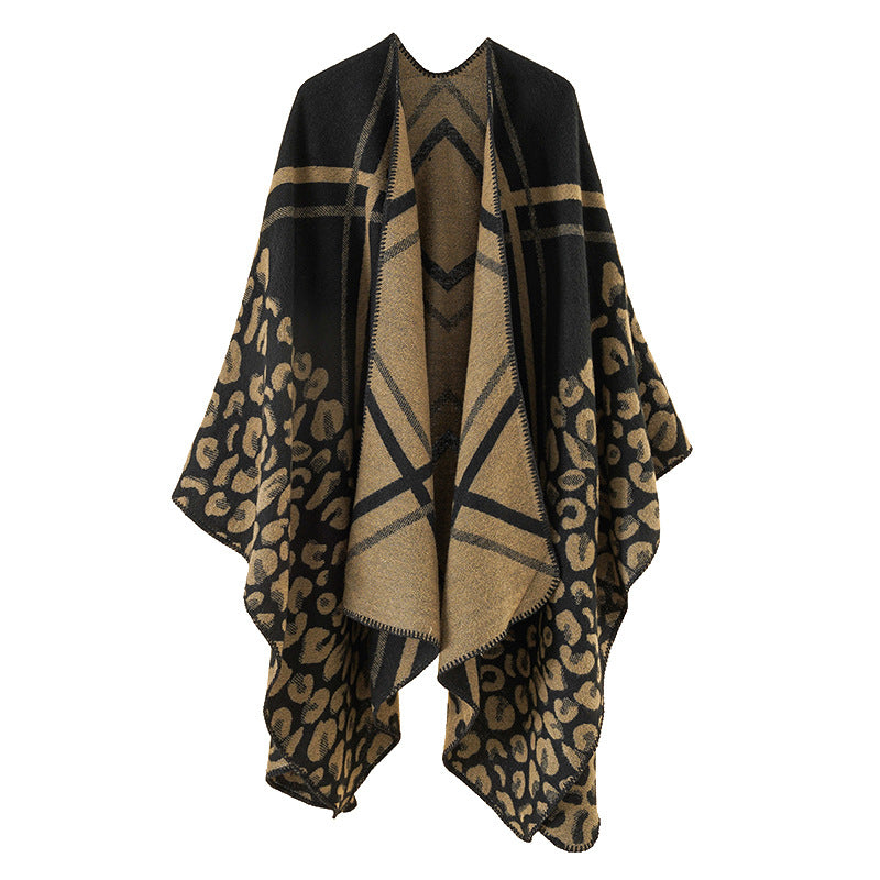 Damen Oversize-Ruana-Poncho mit Jacquardmix, Leoparden- und Karomuster Echo Archiv