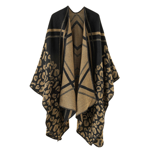 Damen Oversize-Ruana-Poncho mit Jacquardmix, Leoparden- und Karomuster Echo Archiv