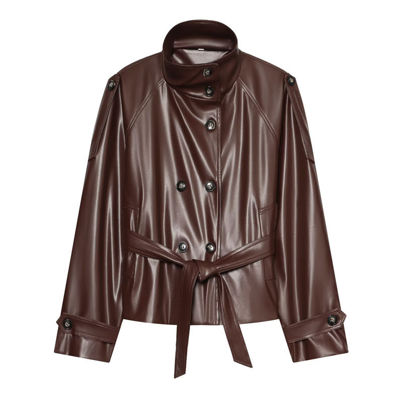 Damen Cropped Kunstlederblouson mit Hochkragen, doppelter Knopfleiste und Bindegürtel Echo Archiv