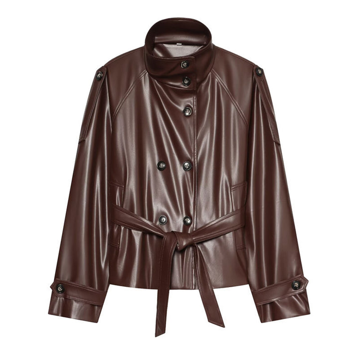 Damen Cropped Kunstlederblouson mit Hochkragen, doppelter Knopfleiste und Bindegürtel Echo Archiv