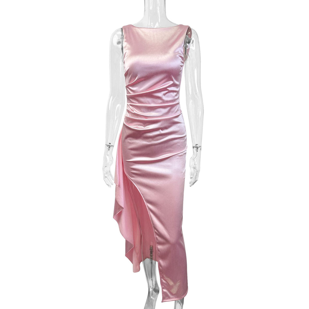Damen Elegantes Satin Abendkleid mit asymmetrischem Saum und seitlichem Schlitz Echo Archiv