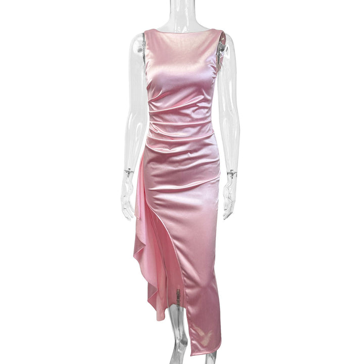 Damen Elegantes Satin Abendkleid mit asymmetrischem Saum und seitlichem Schlitz Echo Archiv