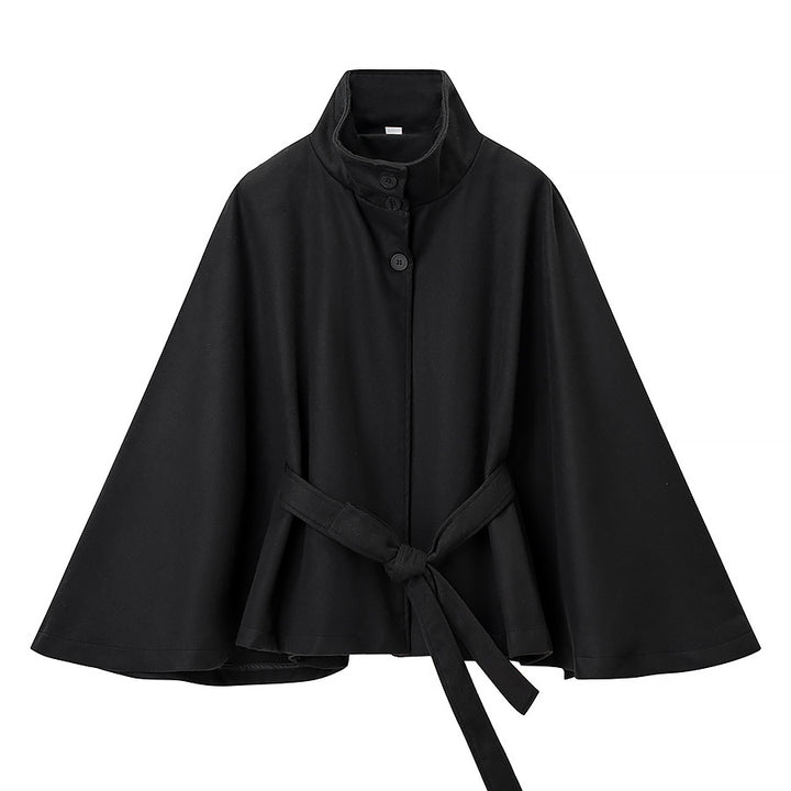Damen Kurzcape mit Stehkragen, verdeckter Knopfleiste und Taillenbindegürtel Echoarchiv