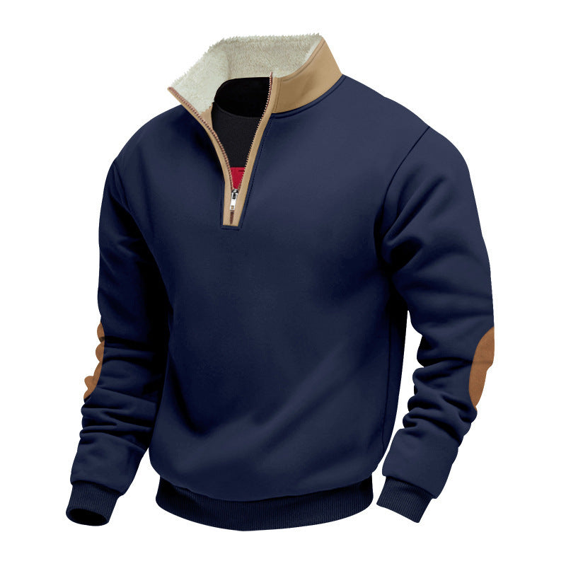 Herren modischer Fleecepullover mit Halb-Reißverschluss und kontrastierenden Ellenbogen-Patches Echoarchiv
