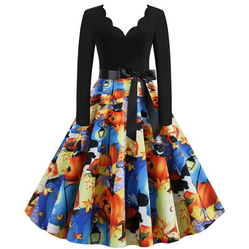 Damen Retro Swingkleid mit gewelltem Ausschnitt, langen Ärmeln und Halloween-Print Tellerrock – Élara