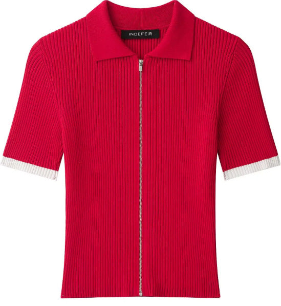 Damen Feinstrick-Poloshirt-Cardigan mit kurzem Arm und durchgehendem Reißverschluss Echo Archiv