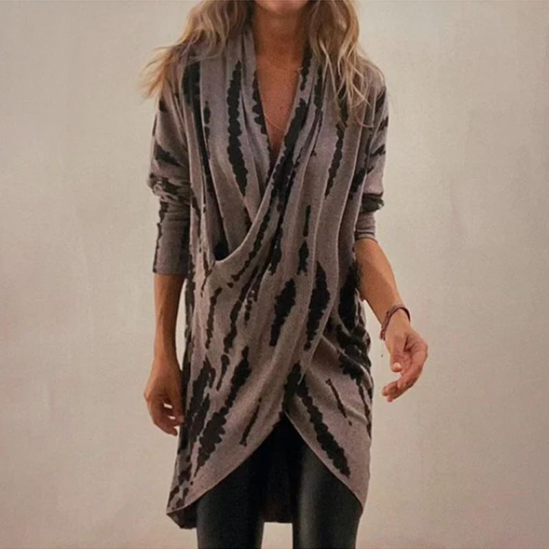 Damen drapierter Strickcardigan mit Wickeloptik, weichem Fall und abstraktem Muster Echoarchiv