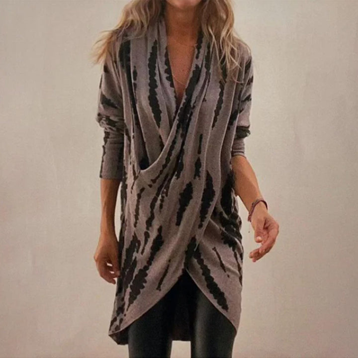 Damen drapierter Strickcardigan mit Wickeloptik, weichem Fall und abstraktem Muster Echoarchiv