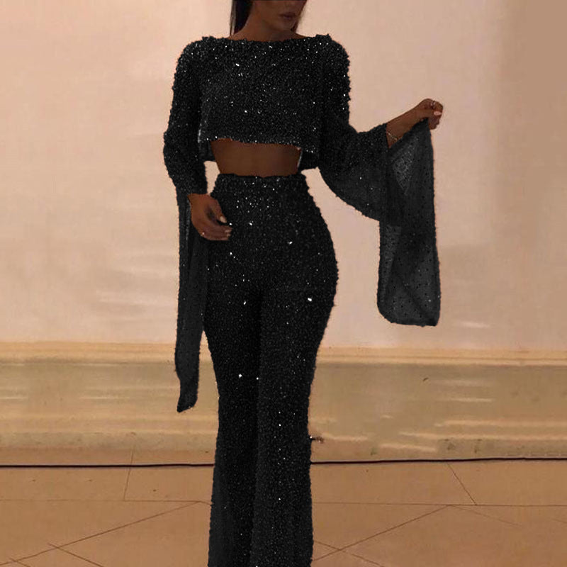 Damen Glitzerndes Zweiteiliges Set mit weitem Bein und langen Ärmeln Echoarchiv