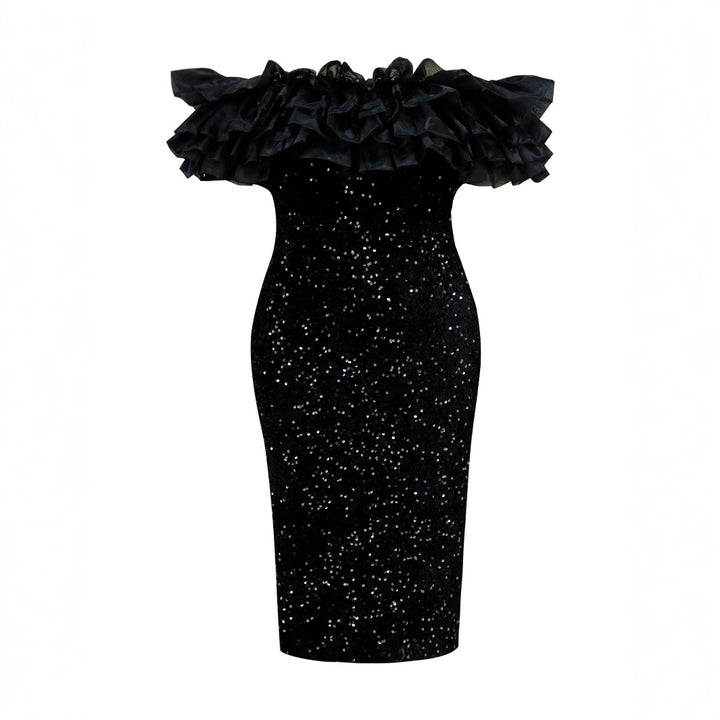 Damen glamouröses Abendkleid mit voluminösen Rüschen und Pailletten Echo Archiv