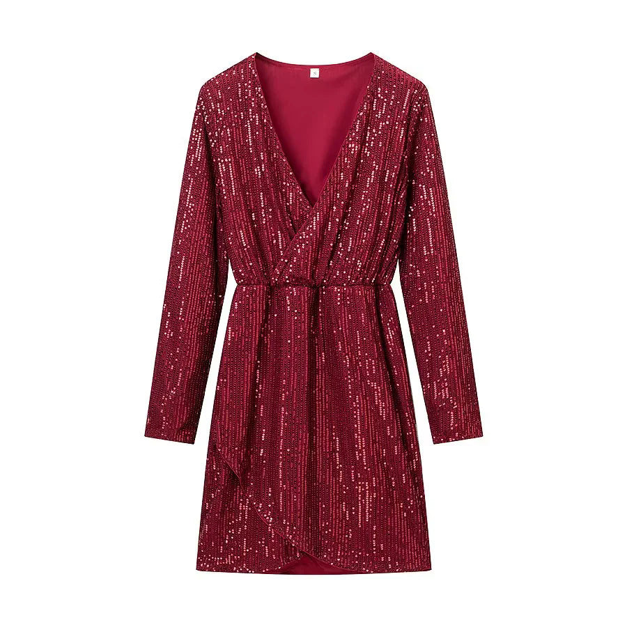 Damen Wickel-Minikleid mit Paillettenbesatz, tiefem V‑Ausschnitt und taillierendem Bindegürtel – Élara