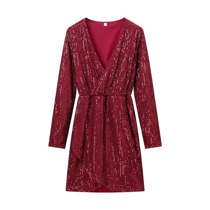 Damen Wickel-Minikleid mit Paillettenbesatz, tiefem V‑Ausschnitt und taillierendem Bindegürtel – Élara
