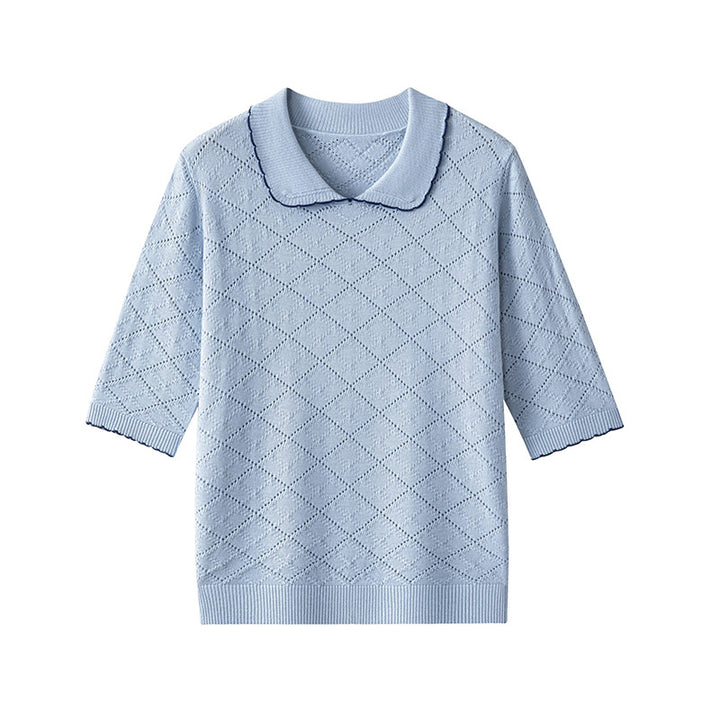 Damen Kurzarm-Feinstrickpullover mit Peter-Pan-Kragen, Ajour-Diamantmuster und feiner Kontrastkante Echo Archiv