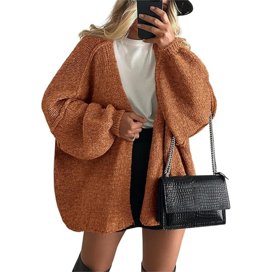 Damen Oversize Strickcardigan mit Ballonärmeln und offener Front Echoarchiv